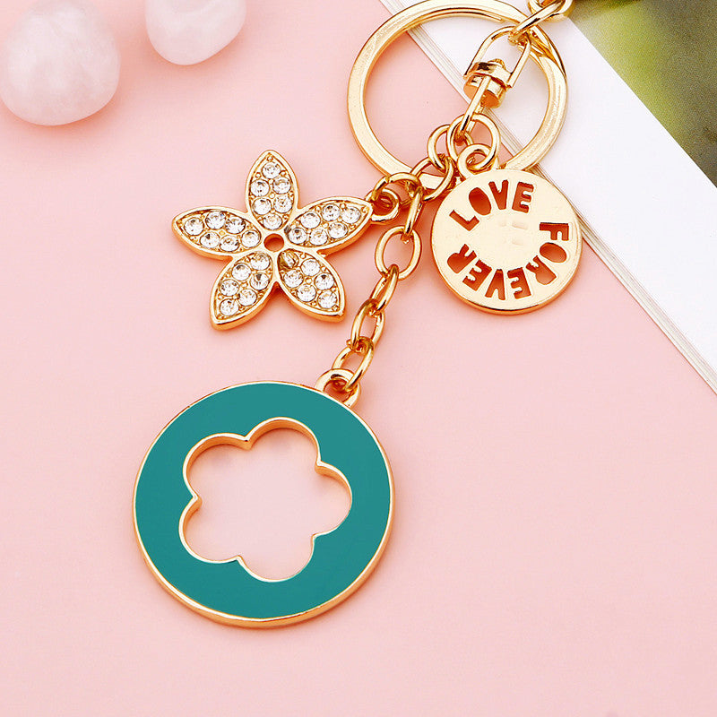 Wholesale Pink Four Leaf Clover Love Lock Keychain Rhinestone Inlaid Metal Car Key Ring Fashion Accessory Gift