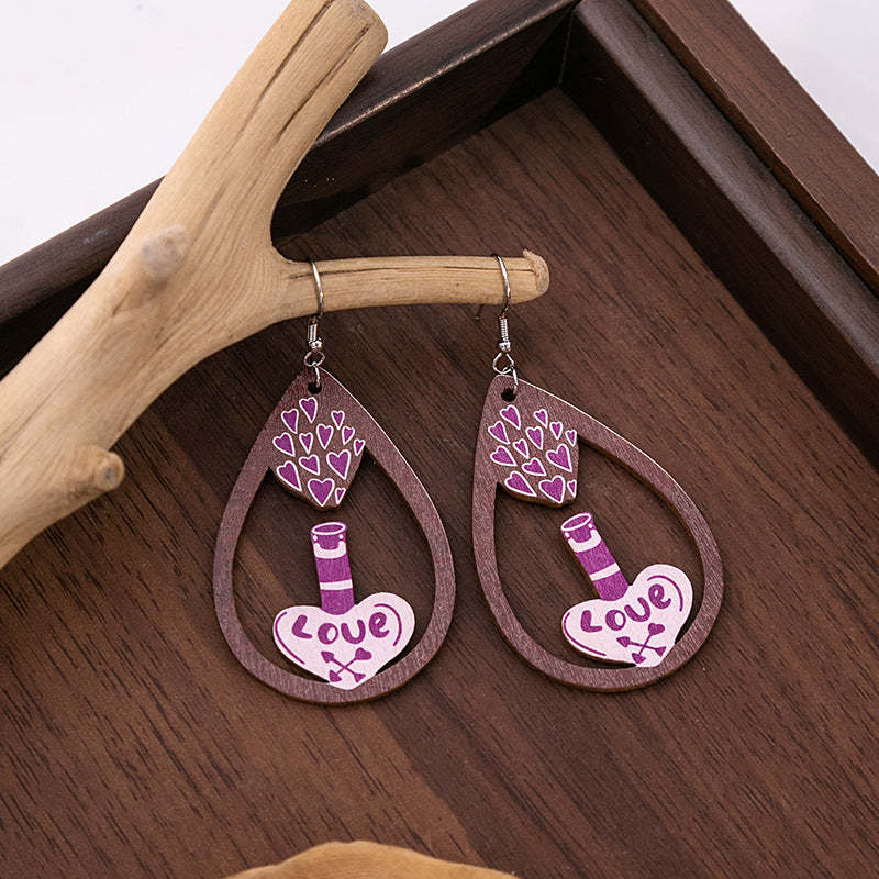 Wholesale Cute Hollow Color Heart Wooden Earrings
