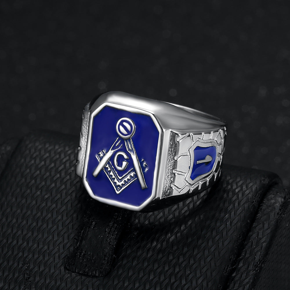 Wholesale Titanium steel gold plated blue glue Masonic hip hop style Ring