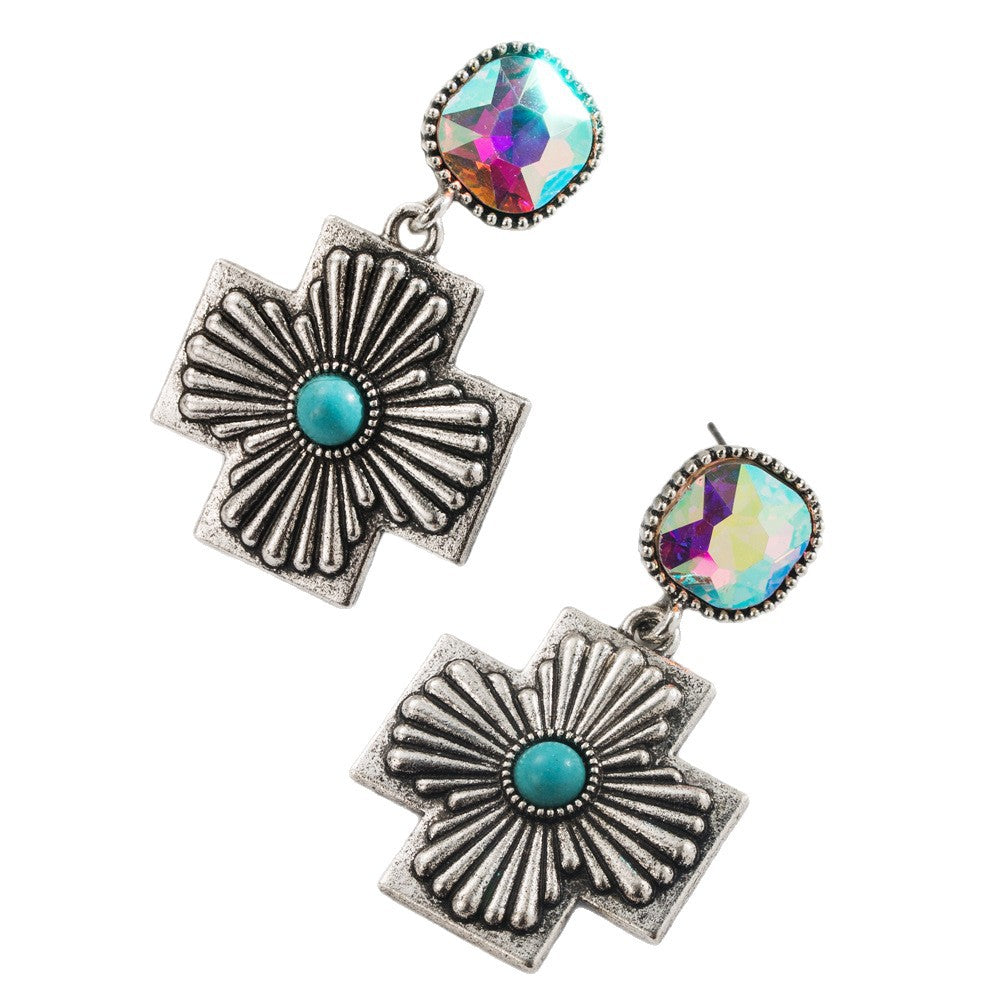 Wholesale Western style diamond turquoise drop cross retro exaggerated earrings