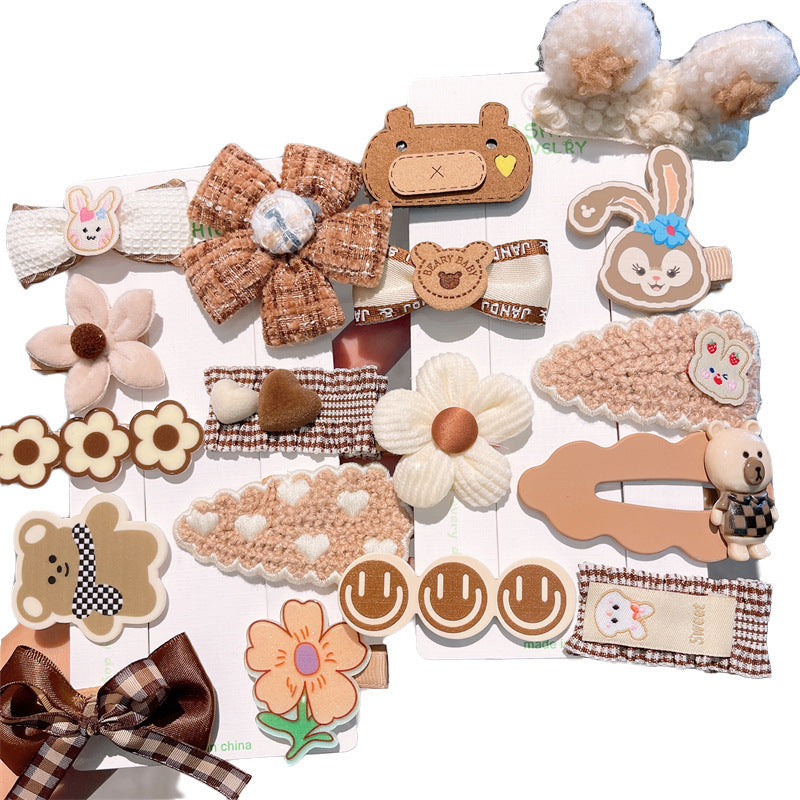 Wholesale Multi Piece Set Autumn and Winter Plush Hair Clip, Children's Coffee Color Cute Forehead Bangs Hair Clip