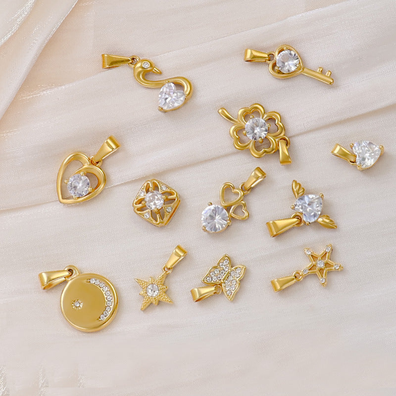 Wholesale 10pcs Diamond studded heart-shaped clover butterfly stainless steel pendant