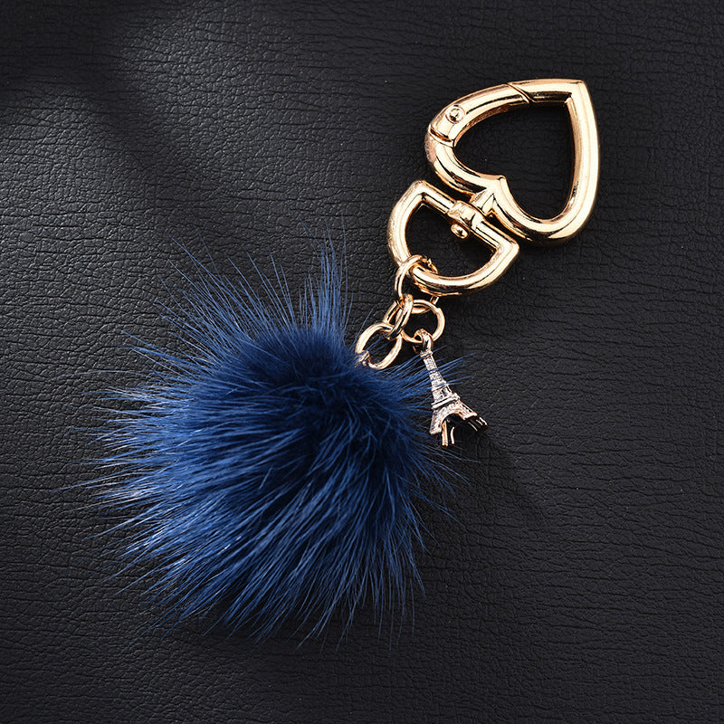 Wholesale mink fur love keychain elegant fur small pendant fur ball alloy love keychain