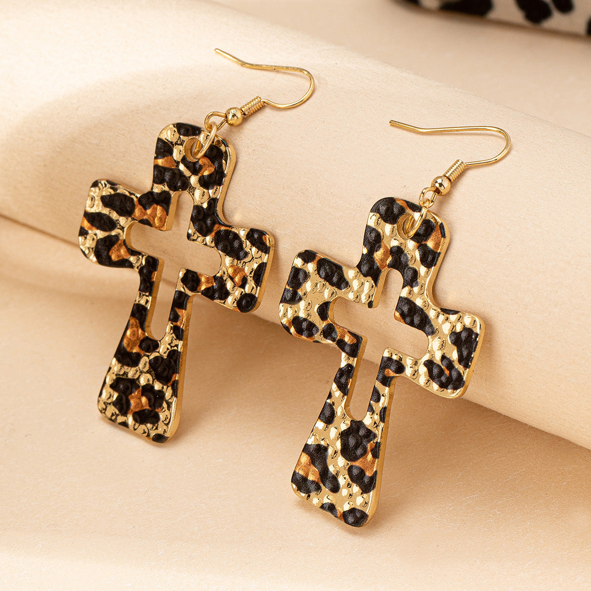 Wholesale Chic Leopard Print Cross Earrings For Women Geometric Hollow Stud Alloy Electroplated Boutique Resale