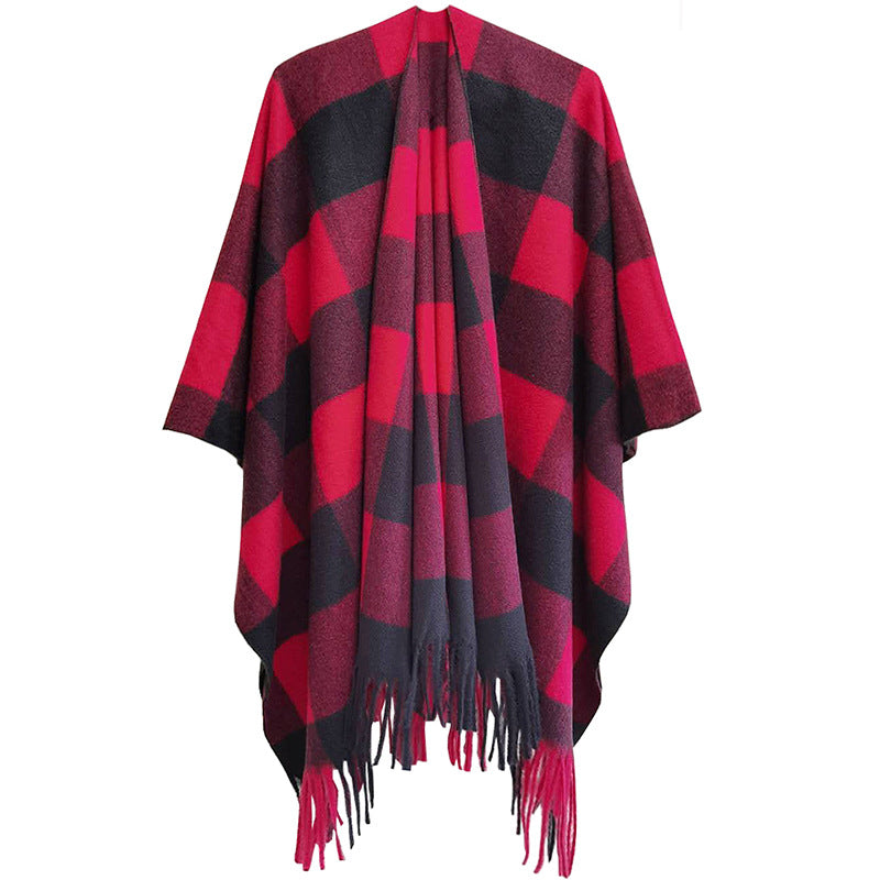 Wholesale Autumn and Winter Slit Cape Thickened Plaid Thorn Fringed Shawl