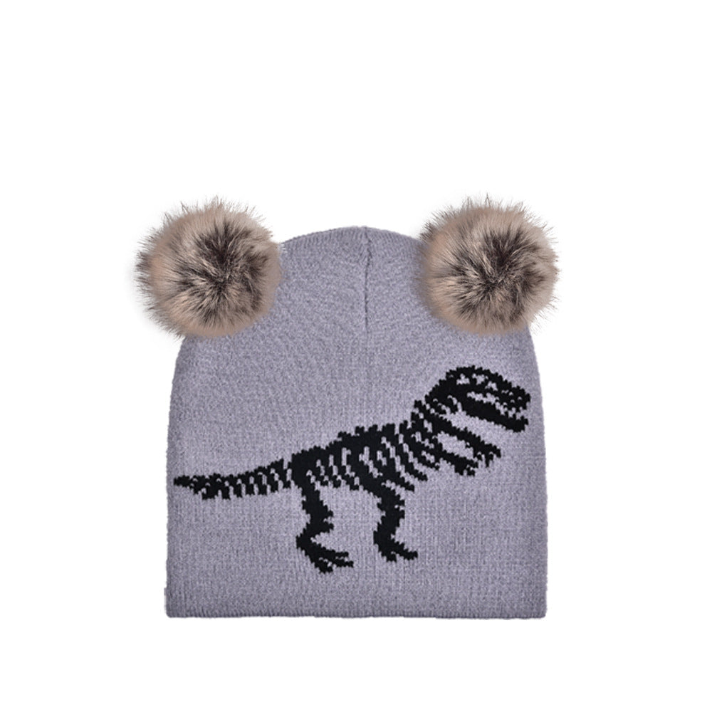 Wholesale Autumn and Winter Knitted Jacquard Dinosaur Double Hairball Beanie