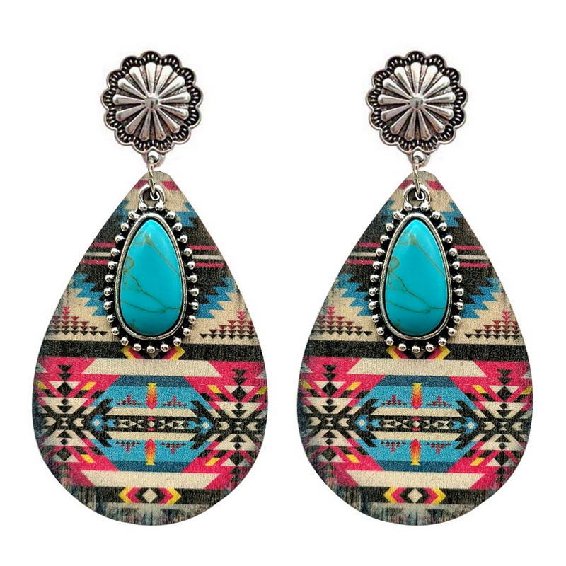 Wholesale Ethnic Turquoise Western Style Aztec Leather Drop Earrings