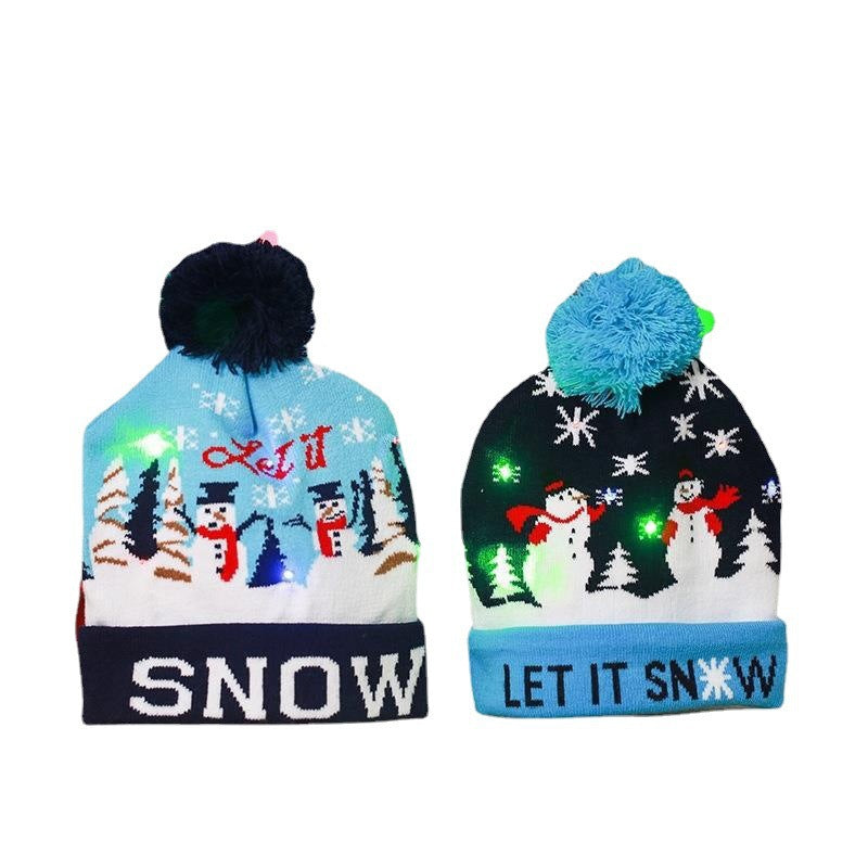 Wholesale Christmas decoration supplies cuffed ball knitted hat LED light  luminous hat adult children hat