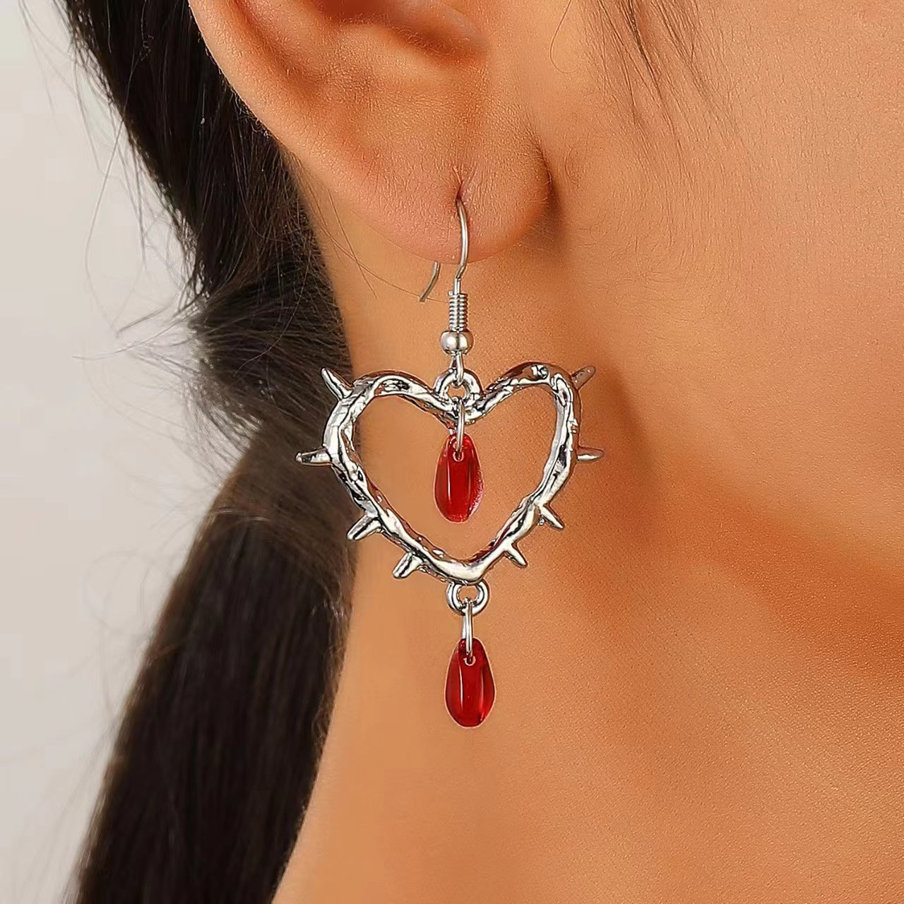 Wholesale Gothic thorn heart-shaped cross water drop punk earrings