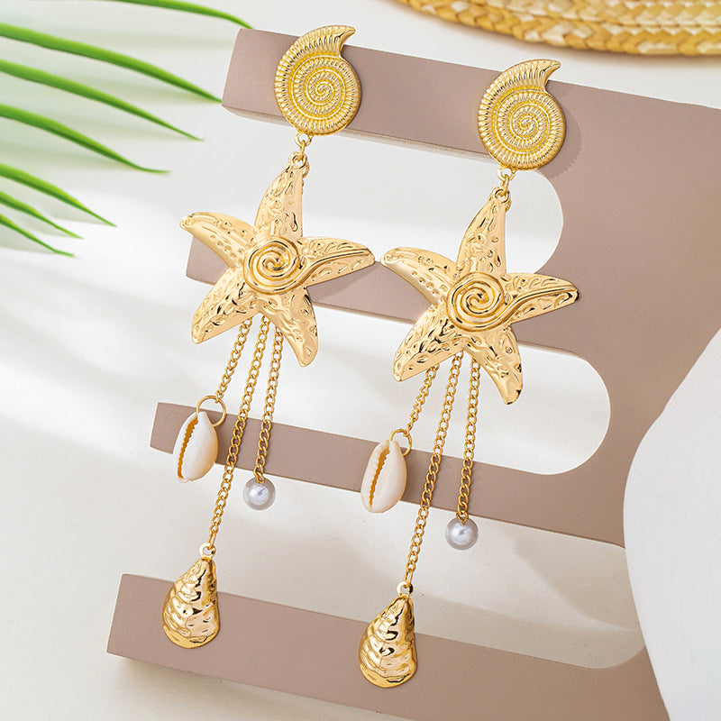 Wholesale Fashion Alloy Starfish Conch Earrings Bohemian Imitation Pearl Long Tassel Jewelry Accessory