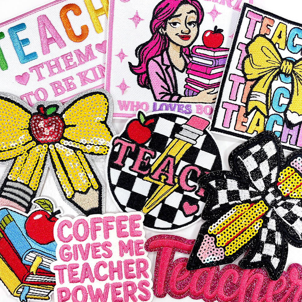 Wholesale Stylish Teacher S Day Embroidered Patch Set With Pencil Bow Designs Polyester Iron On Applique For et DIY Accessory