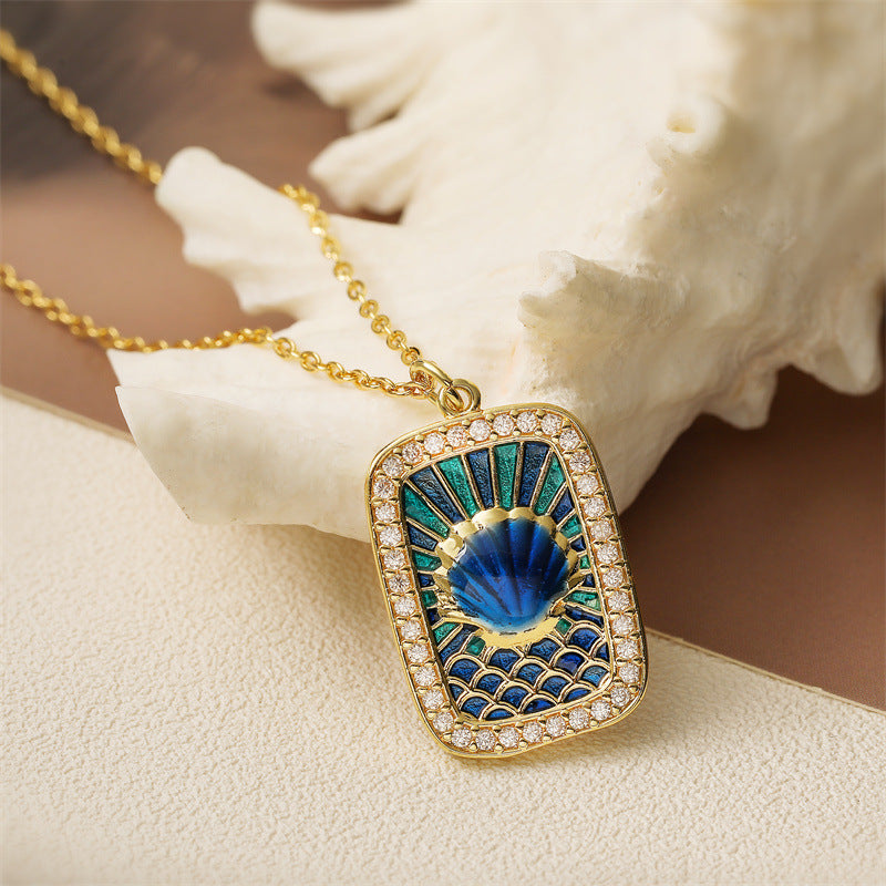 Wholesale Colorful Drip Oil Shell Conch Tarot Pendant Necklace with Micro Set Colored Zircon