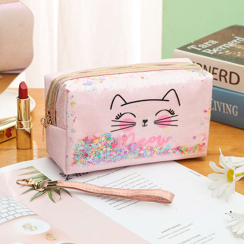 Wholesale Cat cartoon cosmetic bag quicksand pencil case cosmetic bag