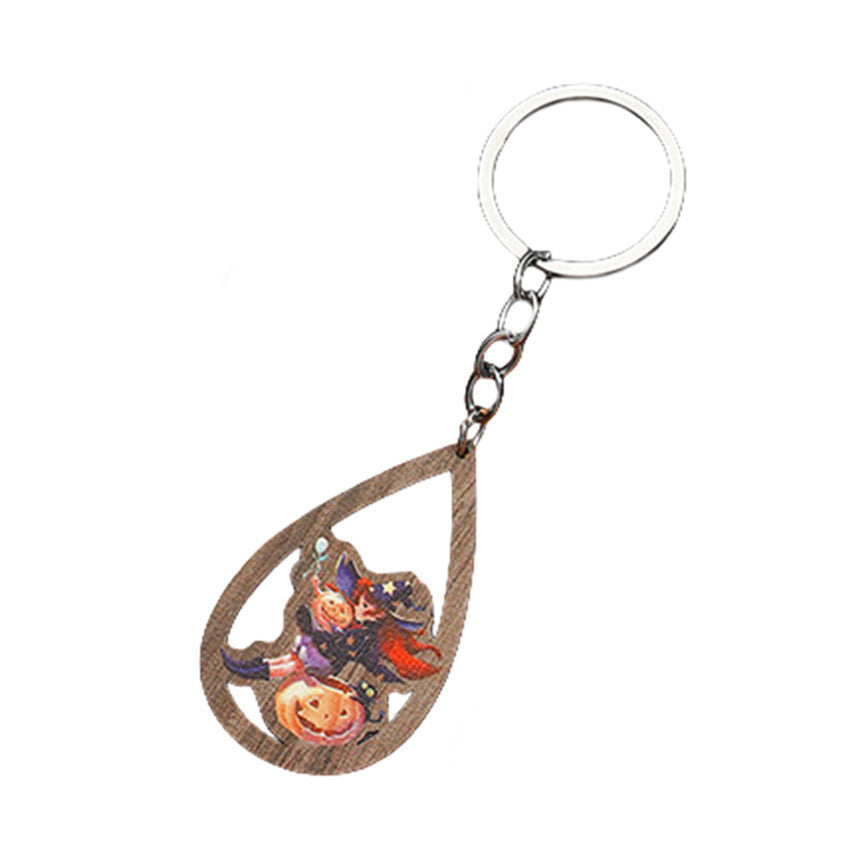 Wholesale Halloween Water Drops Pumpkin Ghost Print Wooden Keychain