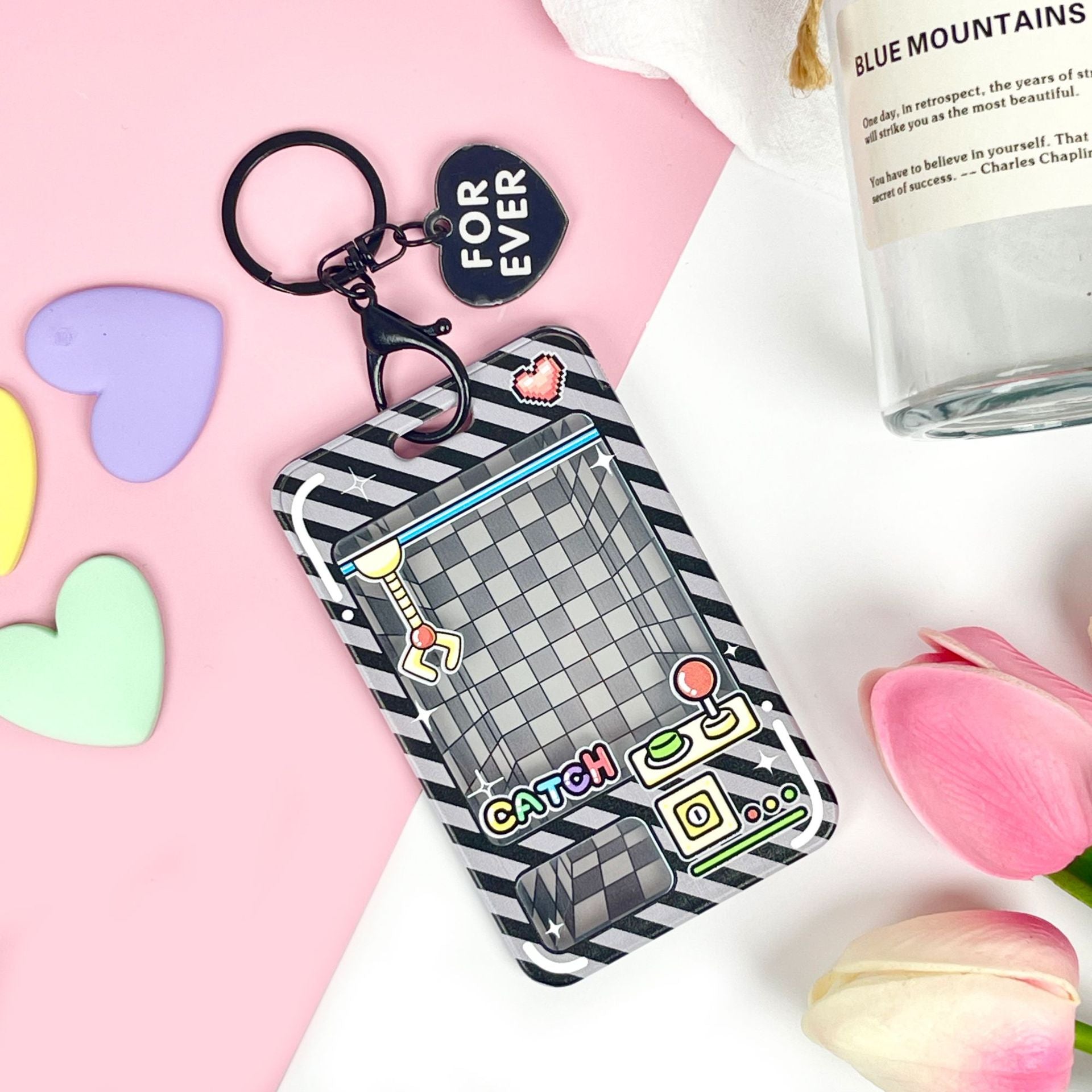 Wholesale latch type transparent card holder cartoon ID holder embossed bus card protective cover key chain