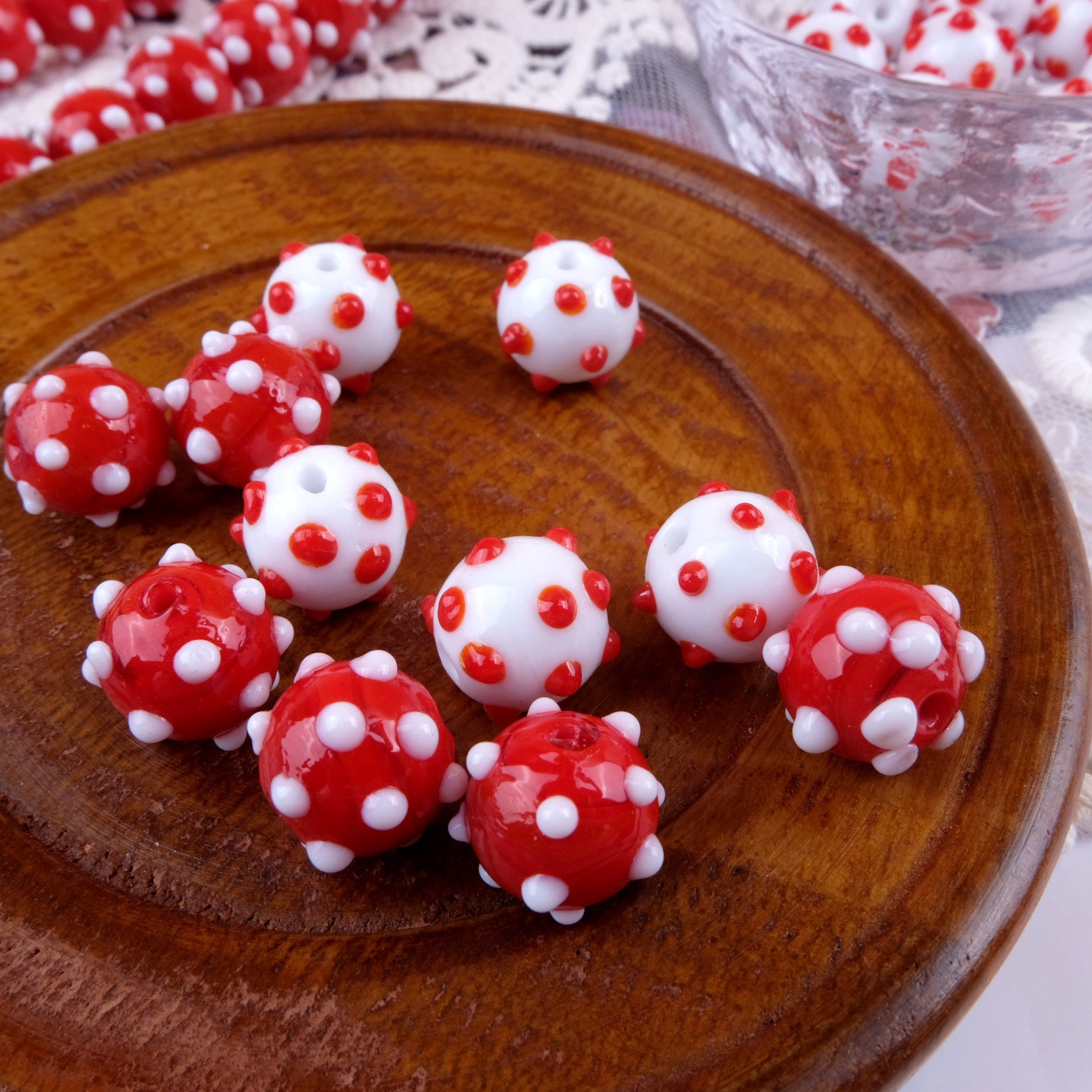 Wholesale 2pcs Handmade Glass Polka Dot Ball Red White Colorful Beads