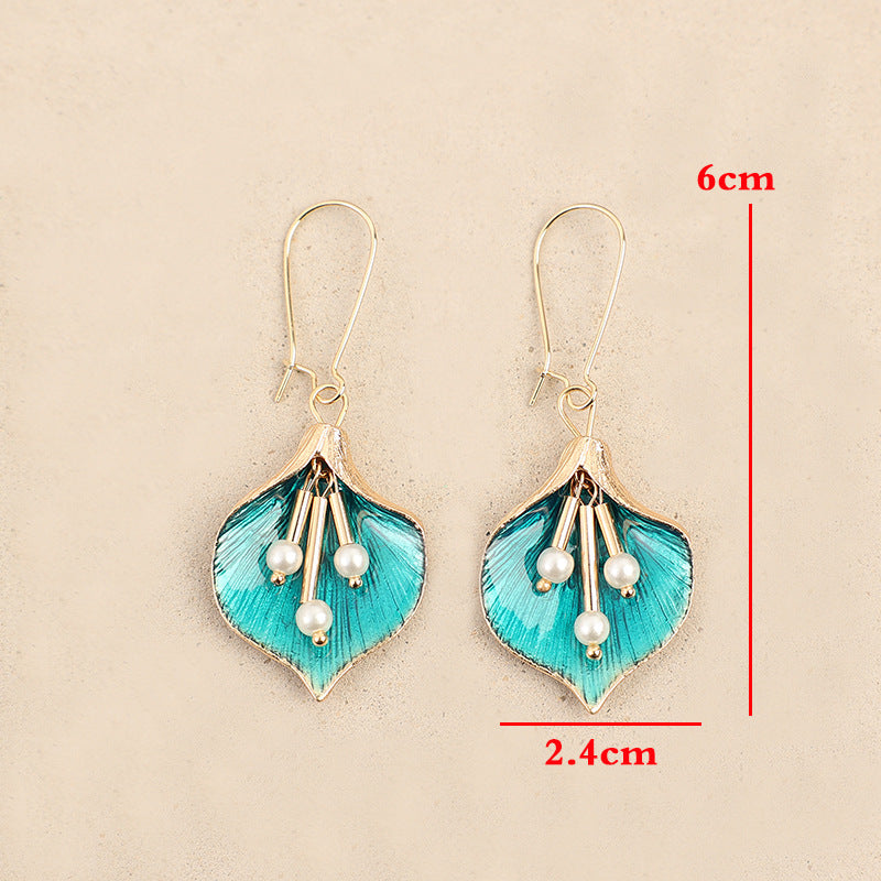 Wholesale Blue Alloy Drip Oil Flower Pearl Earrings