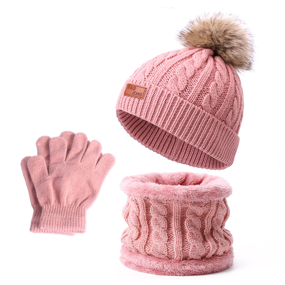 Wholesale Winter Baby Infant Child Warm Plus Velvet Thickened Scarf Pompom Hat Two-piece Set