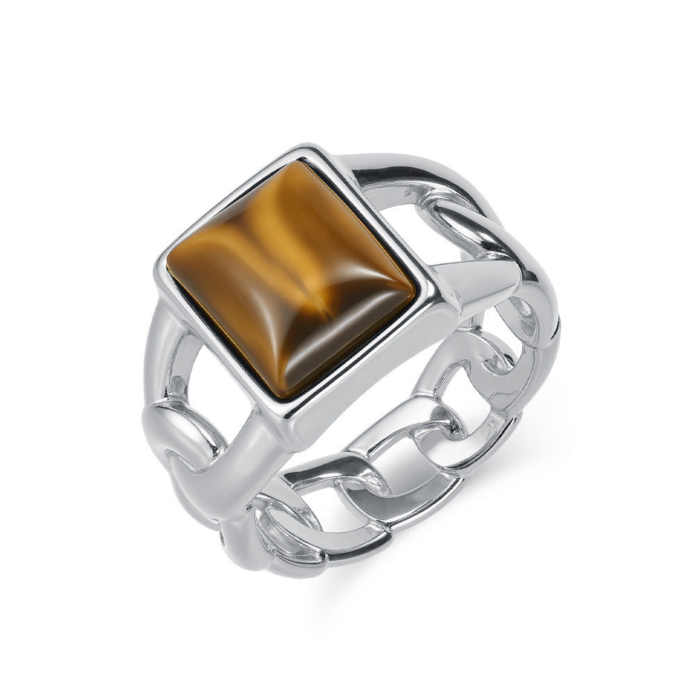 Wholesale Hip Hop Tiger Eye Gemstone Titanium Steel Ring