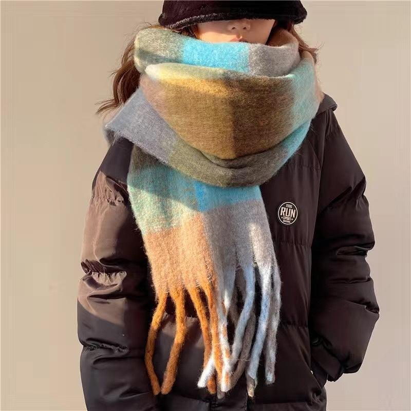 Wholesale Autumn and Winter Rainbow Color-blocked Imitation Cashmere Plaid Tassel Scarf