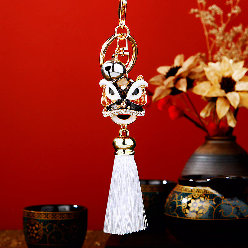 Wholesale Metal Chinese Style Lucky Lion Head Tassel Car Keychain Sapphire Blue Rhinestone Gift For Men Women