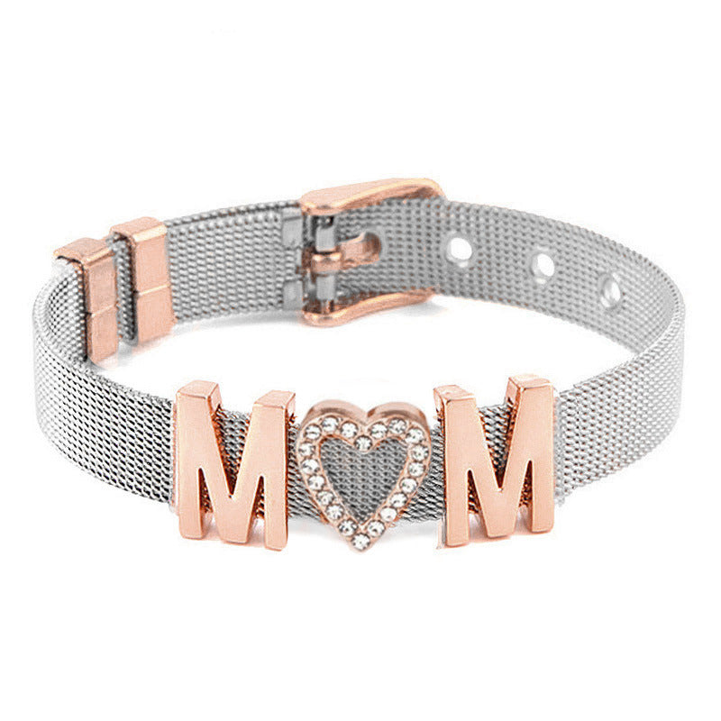Wholesale Stainless Steel Mesh Adjustable Length Strap Style Diamond Love Letter MOM Mother's Day Bracelet