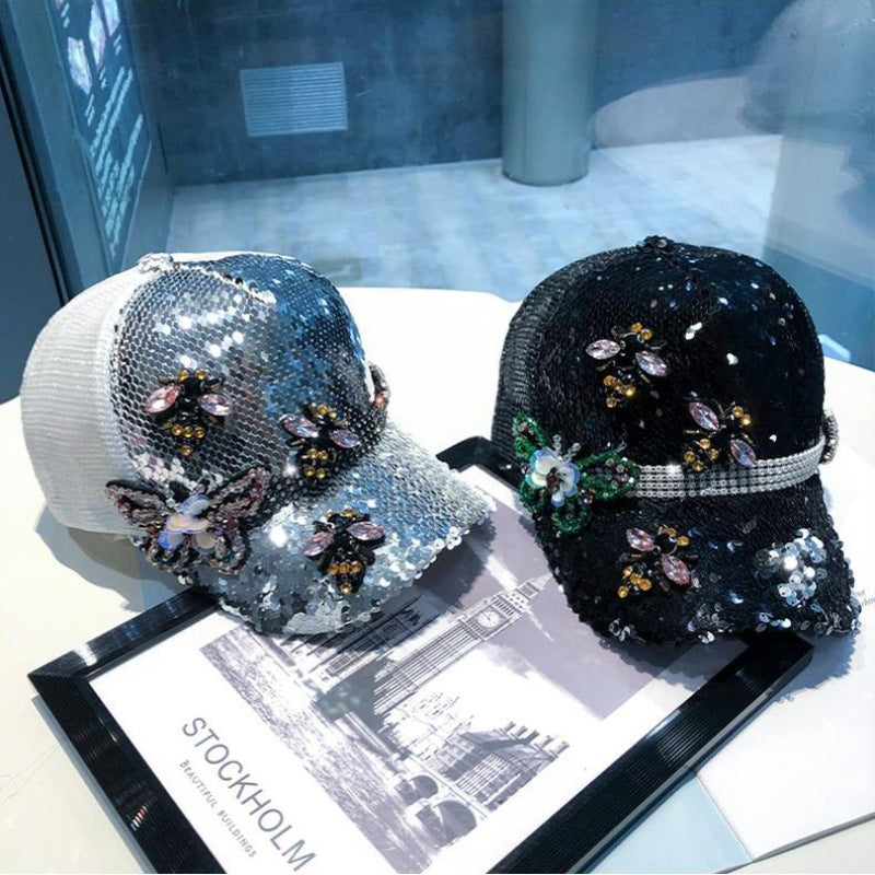 Wholesale Rhinestone Butterfly Sunscreen Sequin Mesh Baseball Caps