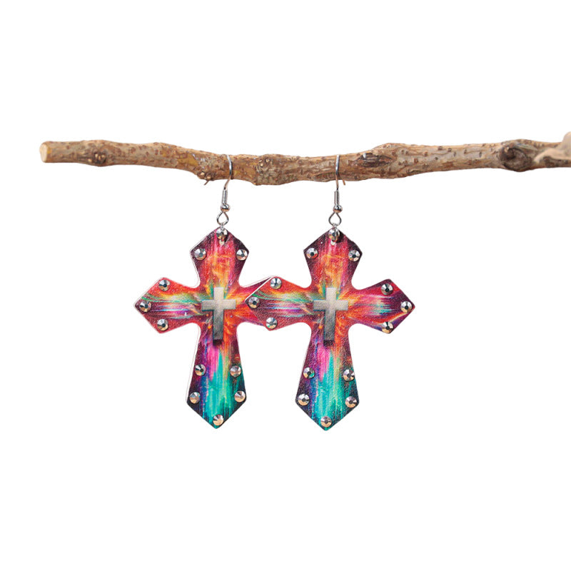 Wholesale Western-style colorful rhinestone cross earrings