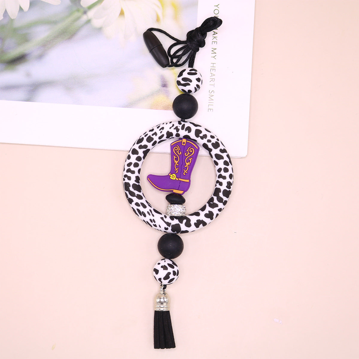 Wholesale Silicone Ring Keychain Christmas Cow Head Cross Flower Bead Pendant