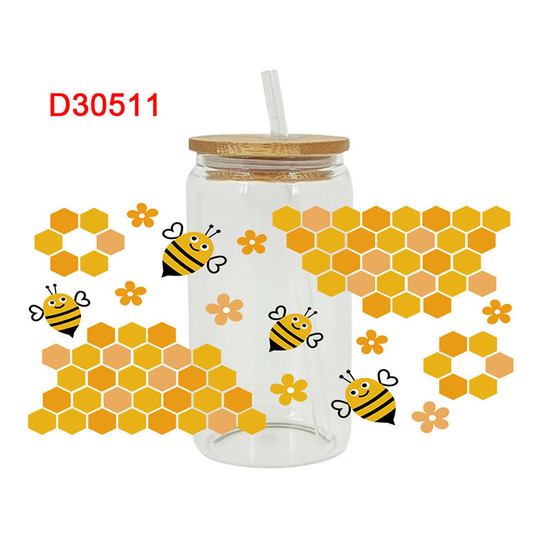Wholesale Colorful bee flowers 16oz Cup UV DTF Wraps