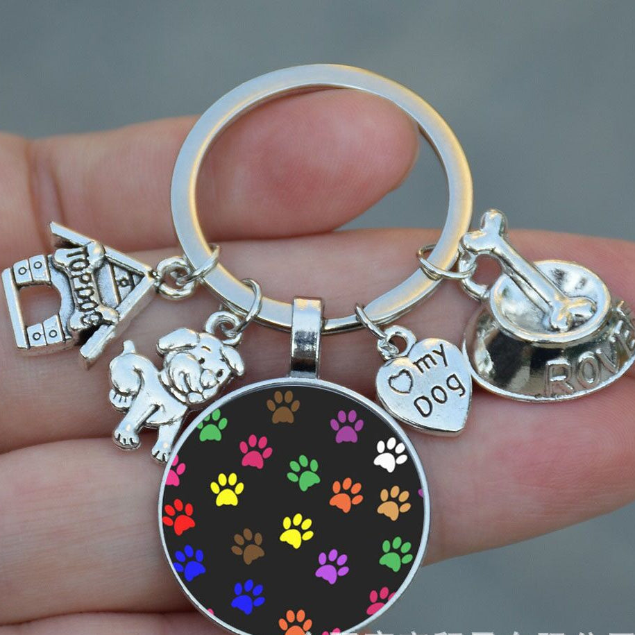 Wholesale 5pcs Dog Bowl Love My Dog Time Gemstone Keychain Pet Lover Key