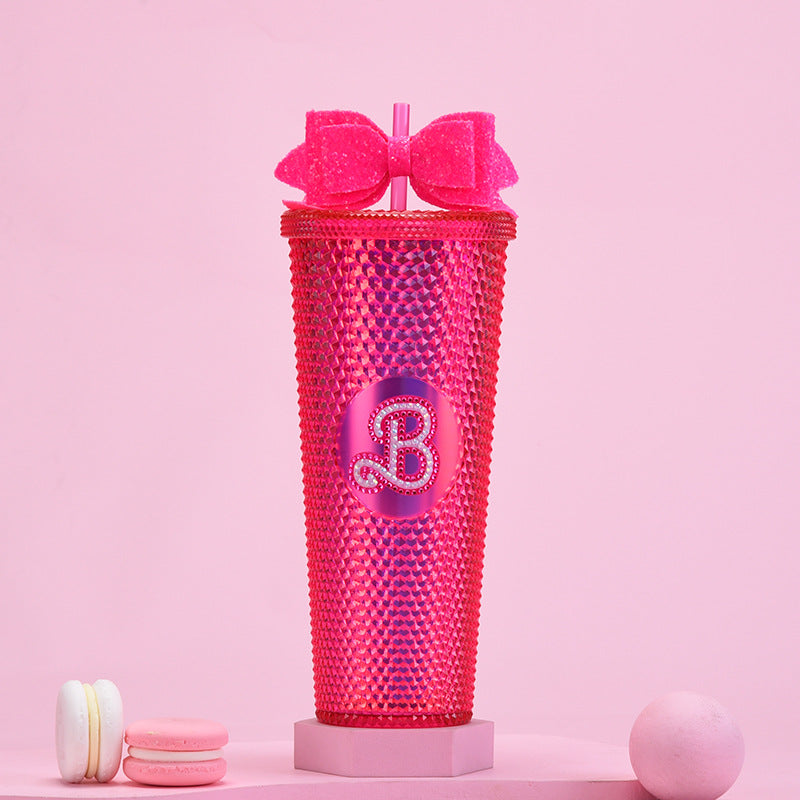 Wholesale Double-layer Plastic 710ml Large Capacity Straw Cup with Glitter Bow Tie Hand Cup Durian Cup