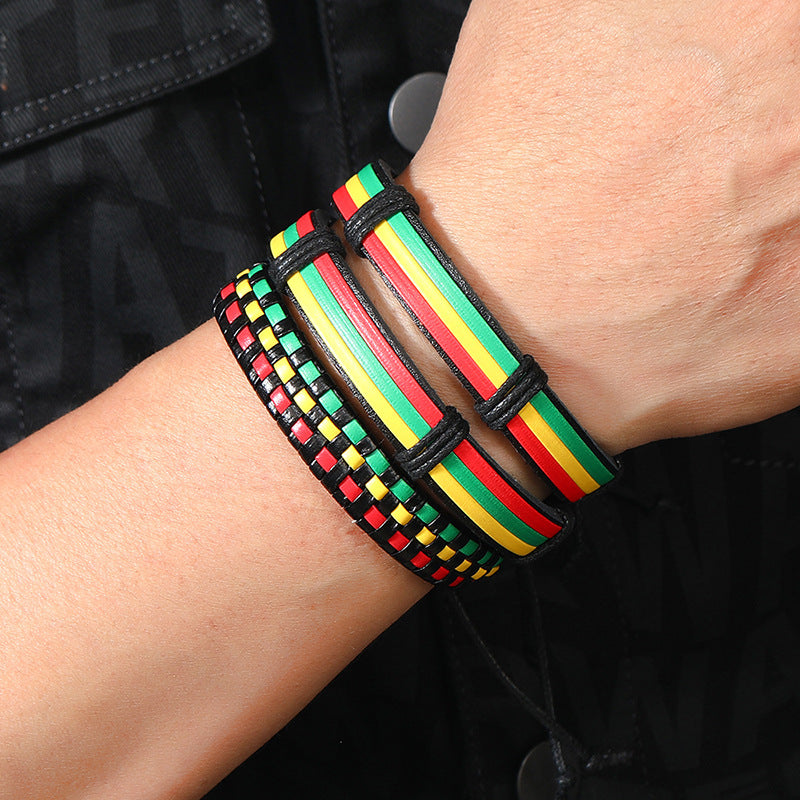Wholesale Multi-layer Red Yellow Green Handwoven Leather Bracelet