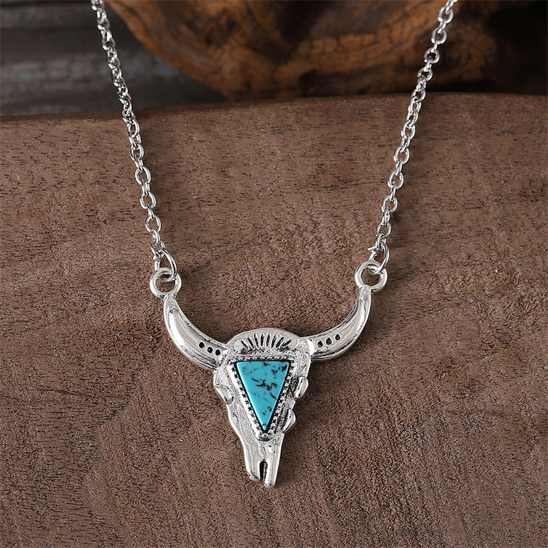 Wholesale Western Cowboy Style Bull Head Triangle Turquoise Earrings Necklace Set Fashion Retro Personality Necklaces