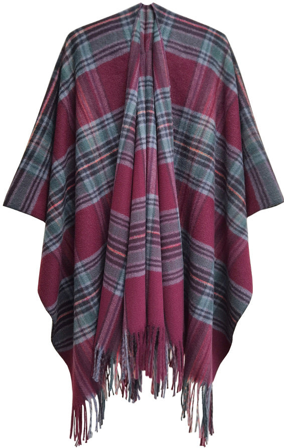 Wholesale Autumn and Winter Slit Cape Thickened Plaid Thorn Fringed Shawl