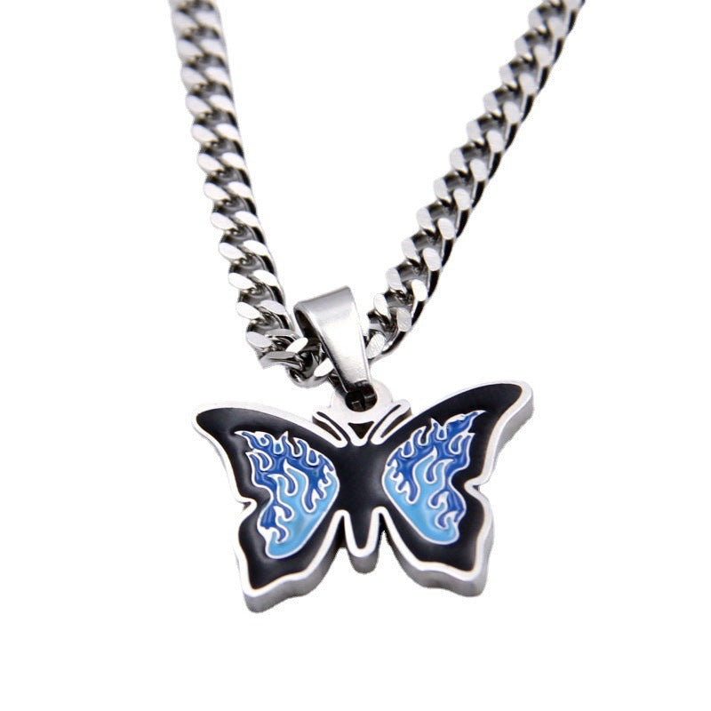 Wholesale Blue Titanium Steel Butterfly Necklaces