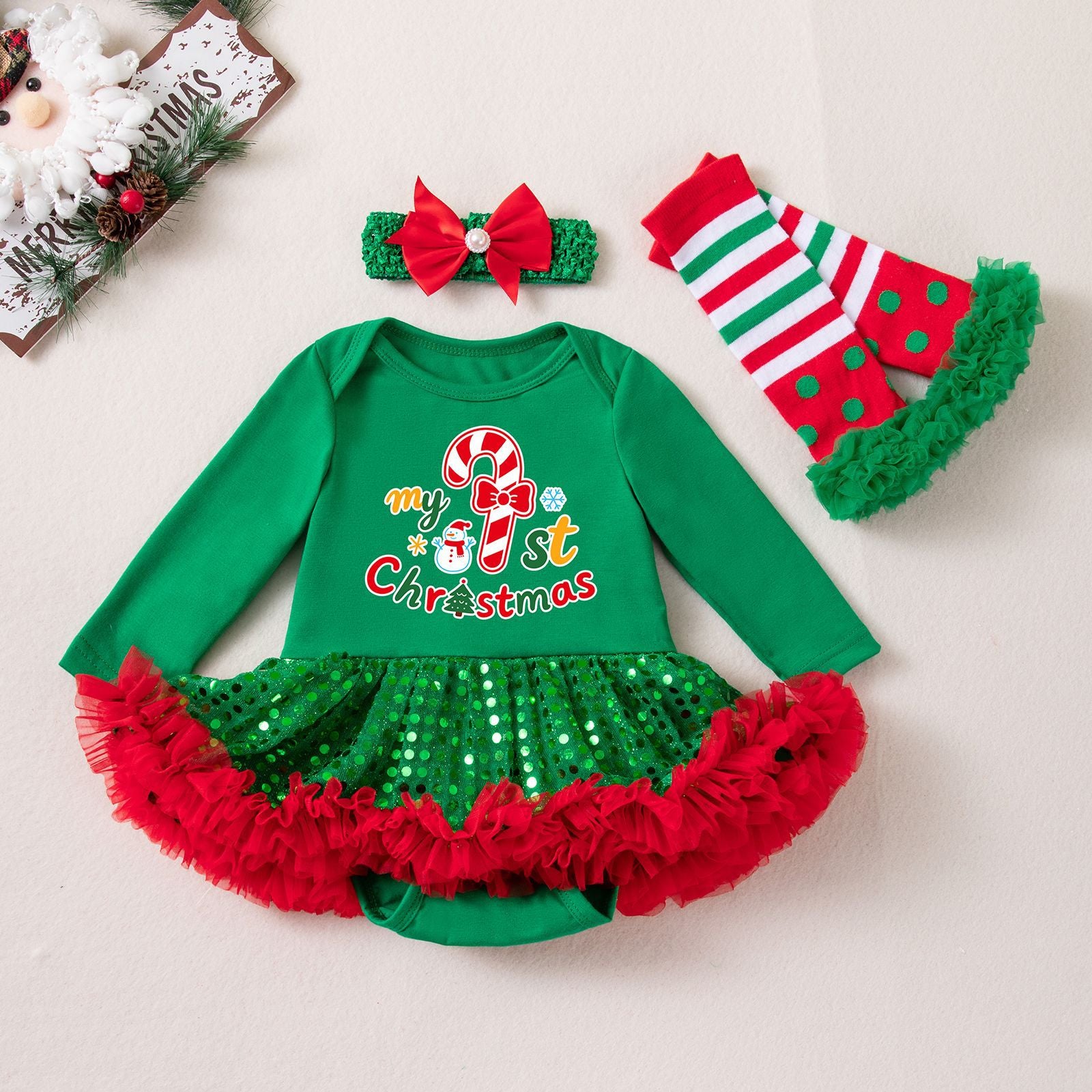 Wholesale Red Long Sleeve Sequin Tulle Baby Girl Christmas Dress Set With Hairband Leg Warmers Boutique Holiday Outfit