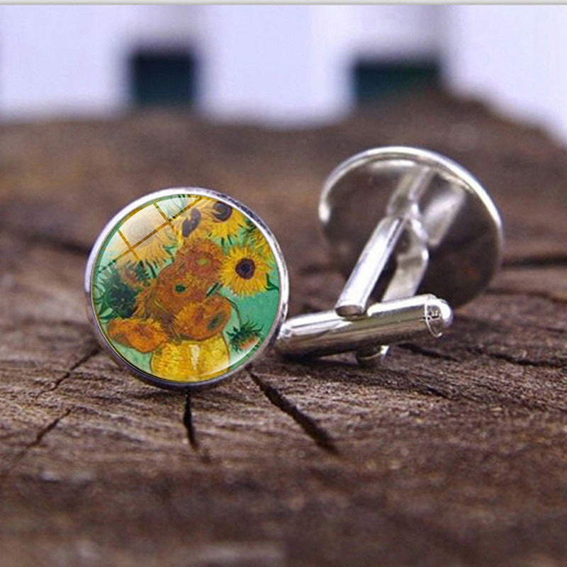 Wholesale Alloy Van Gogh Starry Night Sunflower Time Gemstone Cufflinks