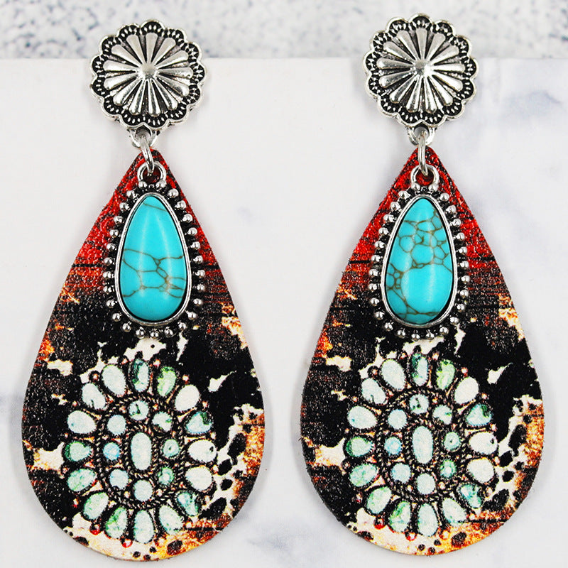 Wholesale Teardrop Leather Turquoise Vintage Ethnic Fashion Western Bohemian Earrings