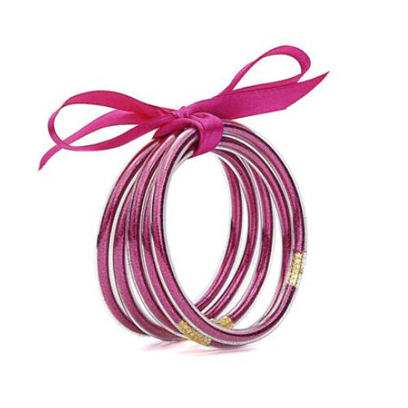 Wholesale Multi-layer silicone rainbow glitter bow bracelet