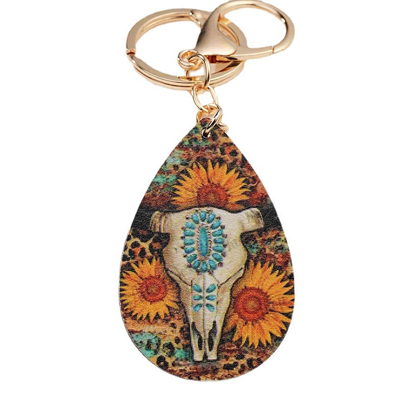 Wholesale Metal Western Bull Head Sunflower Keychain