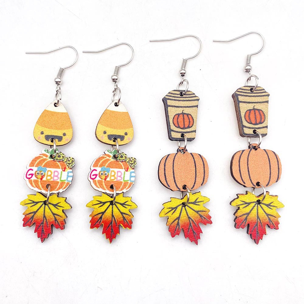 Wholesale Thanksgiving Pumpkin Maple Leaf Coffee Cup Wooden Earrings Halloween Earrings