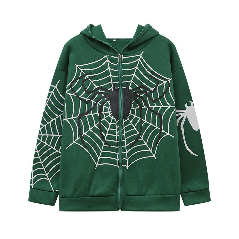 Wholesale Polyester Spider Web Zipper Sweater Casual Hoodie Spring and Autumn Fleece American Coat Top