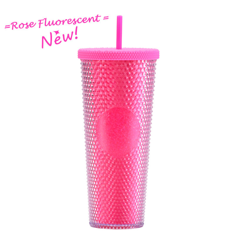 Wholesale Double-layer Plastic 710ml Durian Prick Hand Luminous Color Changing Rainbow Gradient Straw Cup