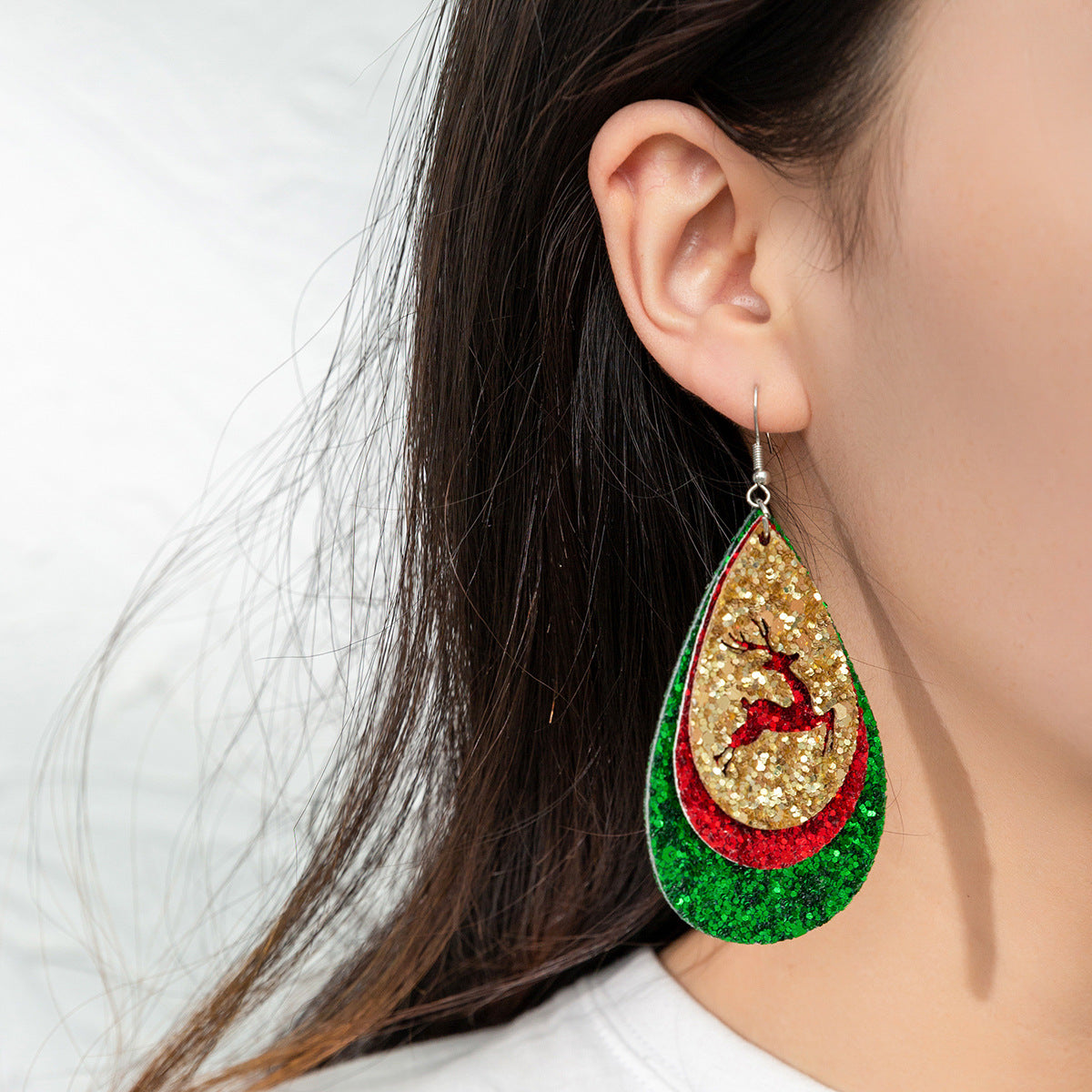 Wholesale Christmas Water Drop Sequins Sparkling Pink Hollow Elk Leather Earrings