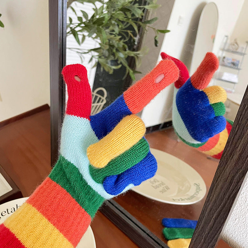 Wholesale Rainbow Stripe Knitted Wool Open Finger Touchable Screen Riding Warm Split Finger Gloves
