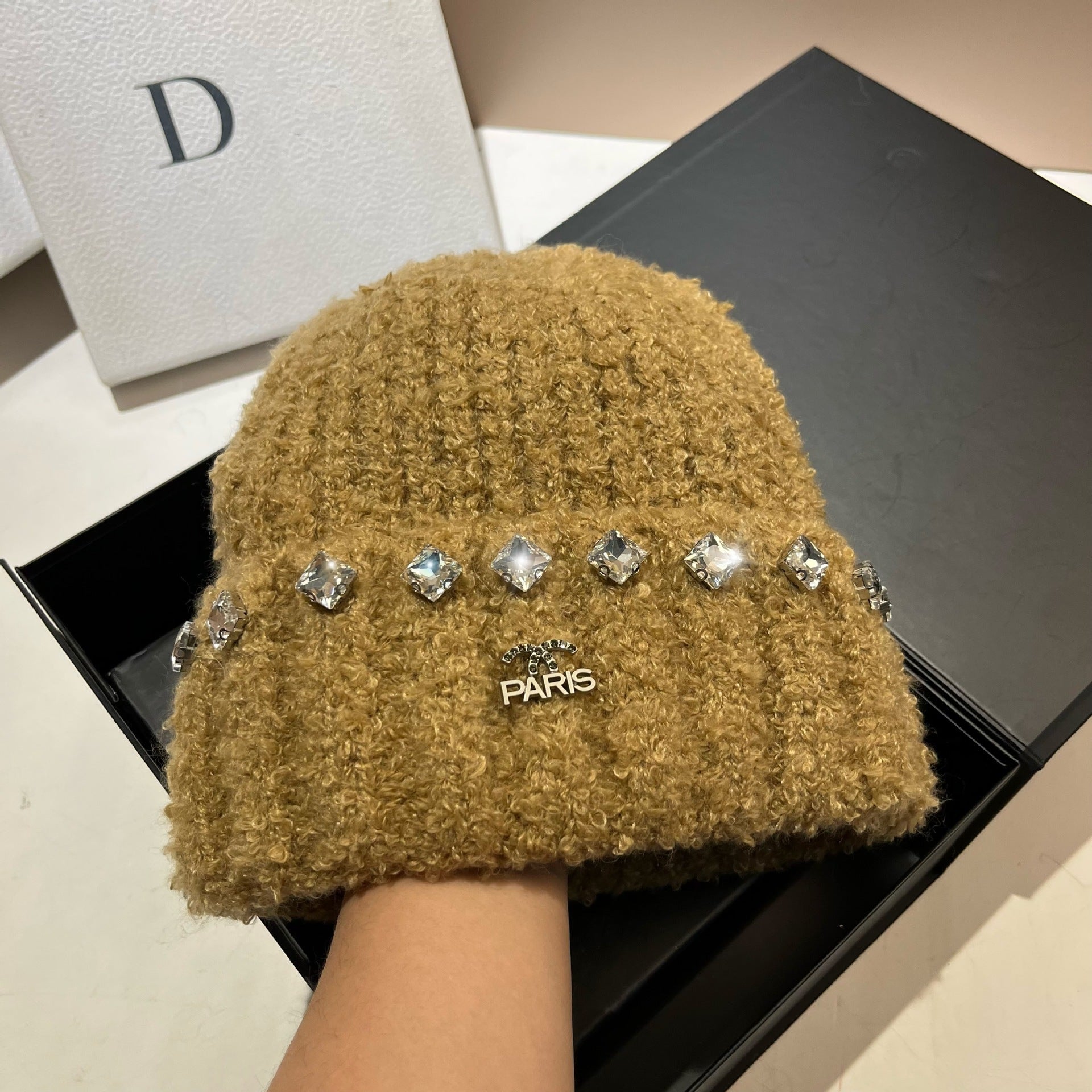 Wholesale Thick Warm Teddy Curl Cute Rhinestone Knitted Hat