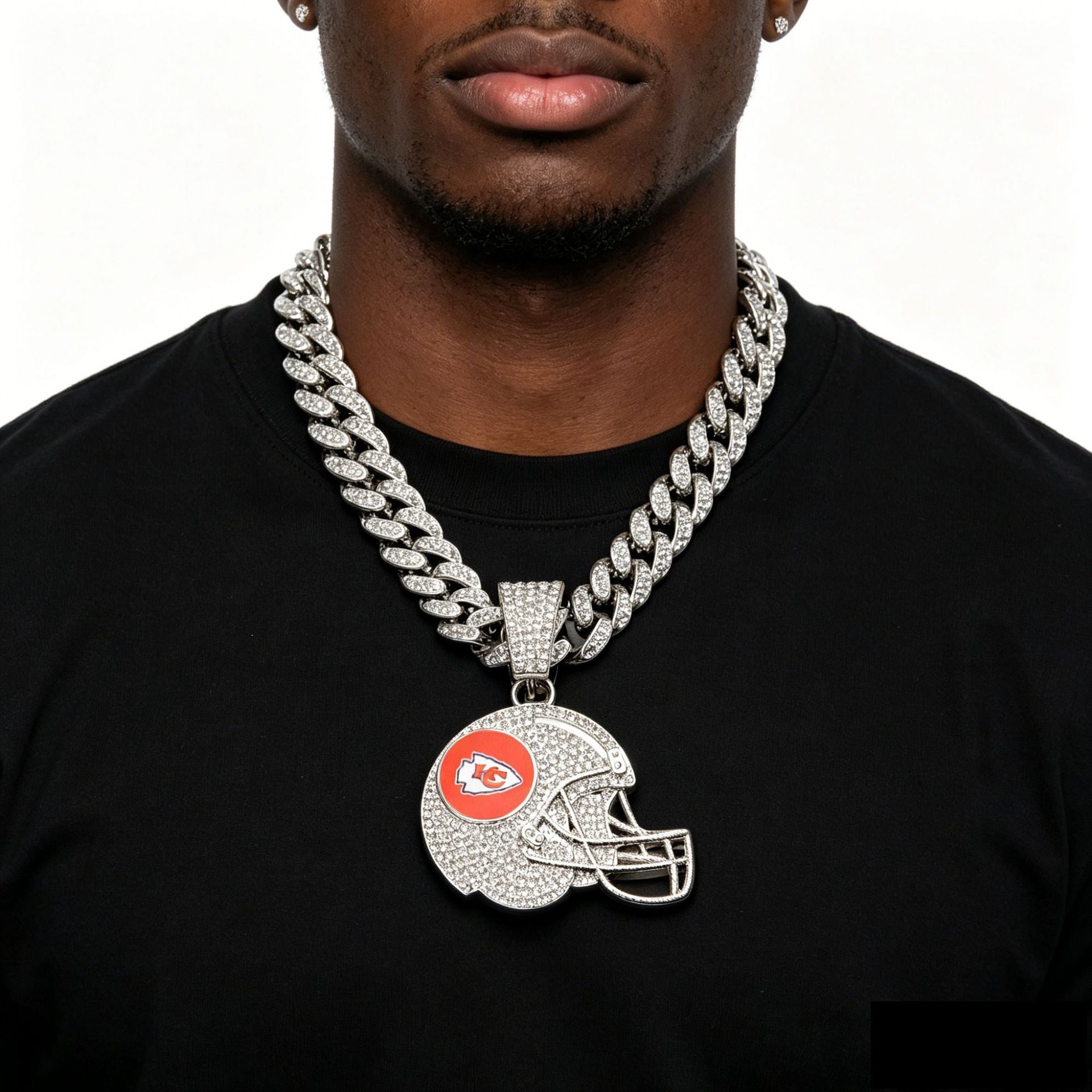 Wholesale Stylish Football Helmet Pendant Necklace Rhinestone Cuban Chain In Gold Zinc Alloy Fashion Jewelry Gift