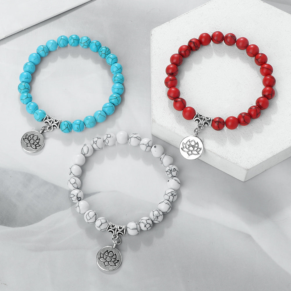 Wholesale 8mm Round Beads Beaded Elastic with Three-Way Alloy Lotus Pendant Buddhist Beads Bracelet