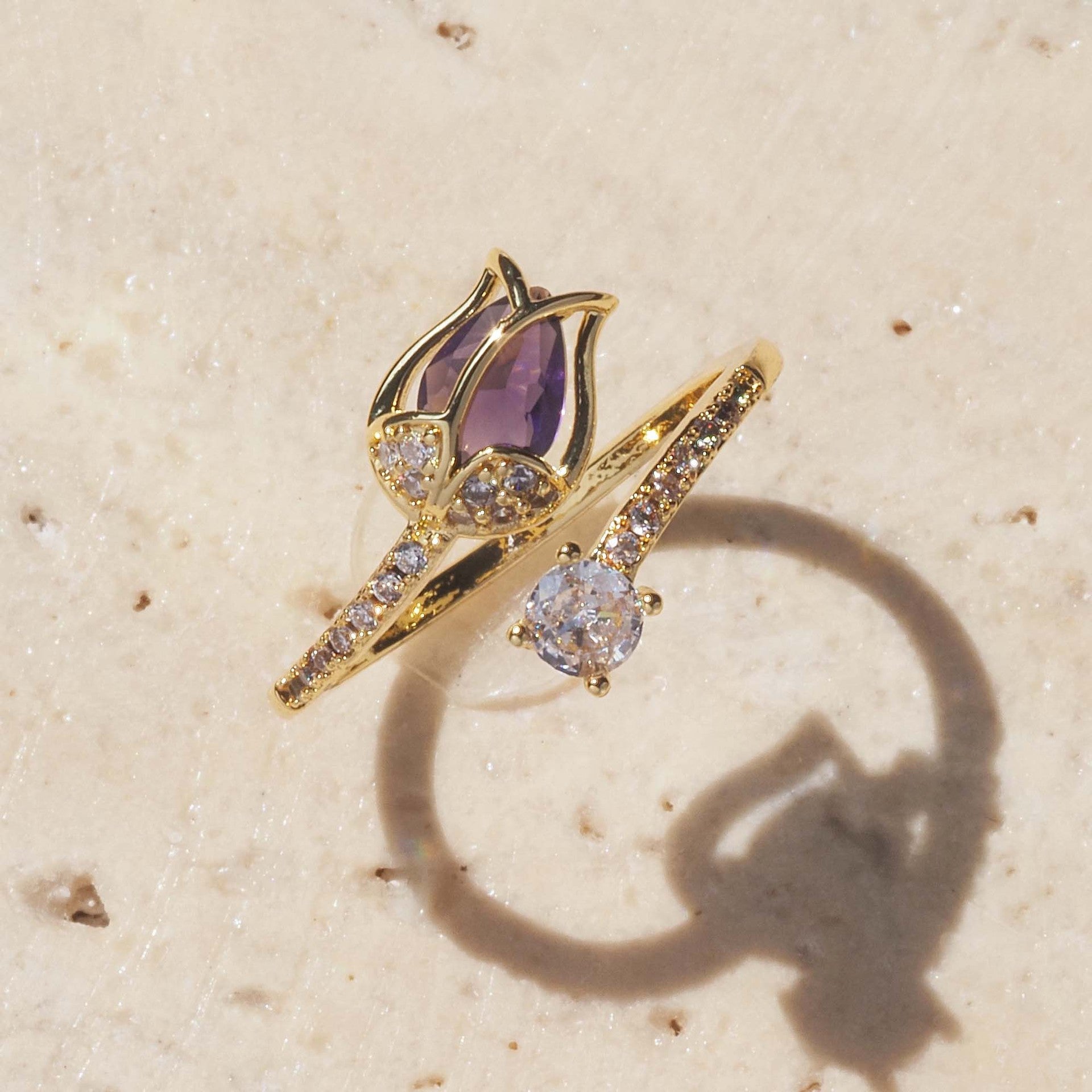 Wholesale Tulip Ring Copper Gold-Plated Simple Niche  Flower Copper Zircon Ring